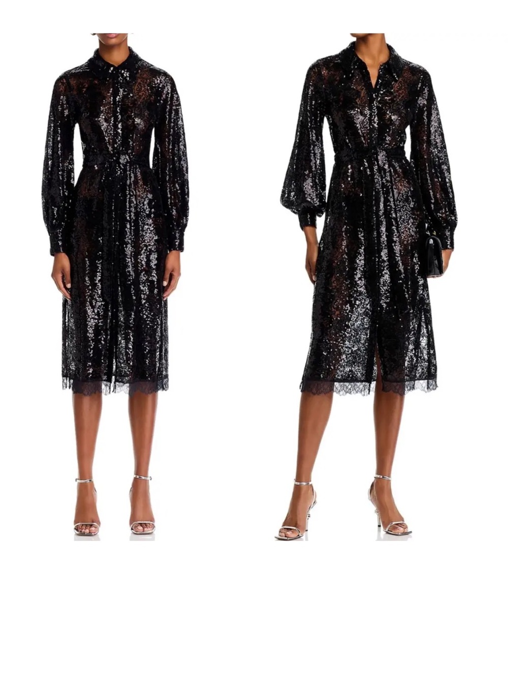 L’Agence Black Sequin Shirt Dress with Lace Hem - Women's Elegant Party Dress